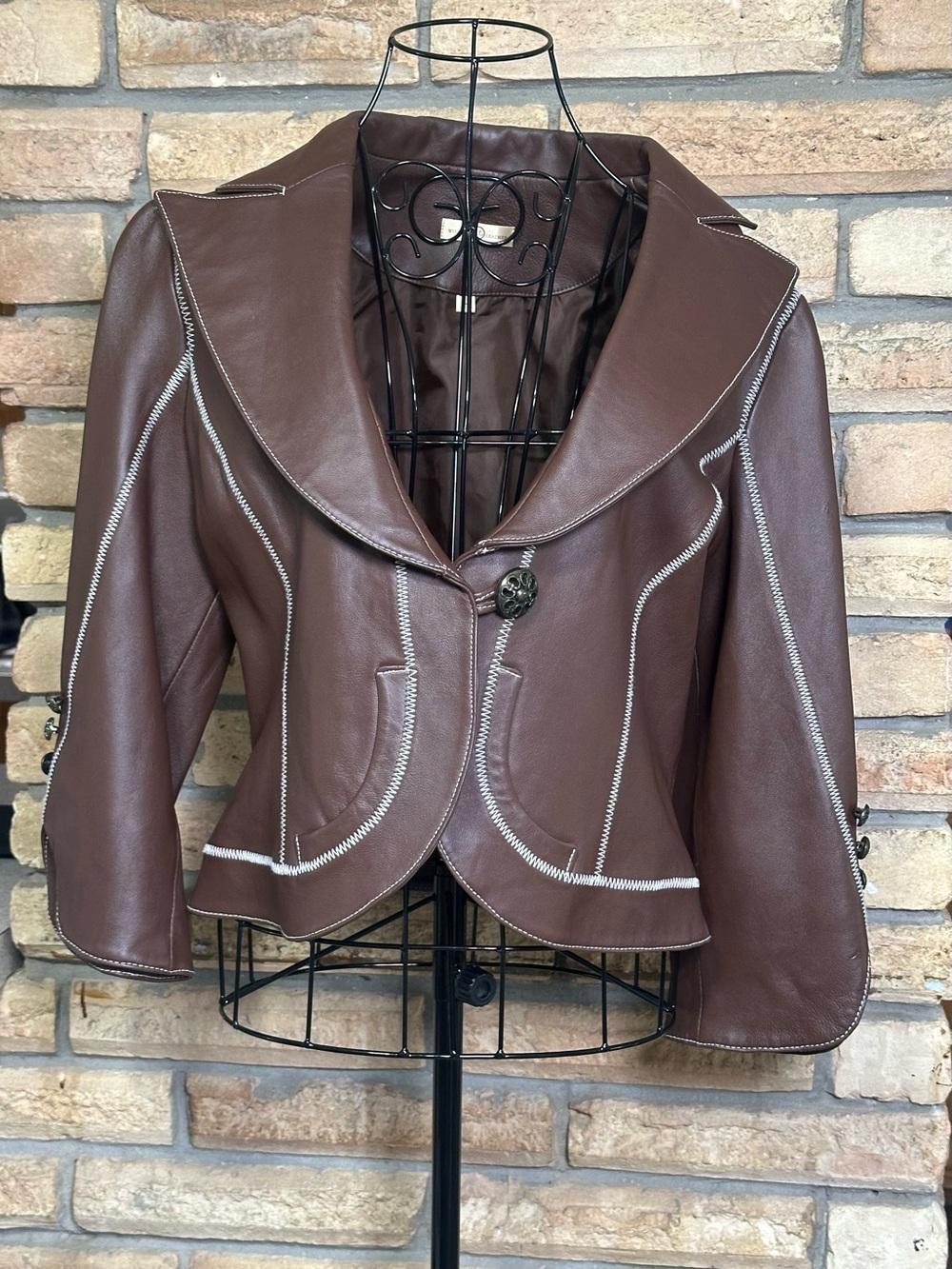 Wilsons Leather Brown Bolero Jacket with Button Accents and 3/4 Sleeves